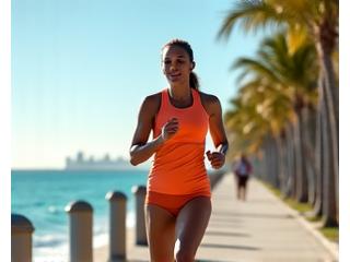 A person jogging along Miami Beach's boardwalk with the ocean in the background, representing active Miami lifestyle.