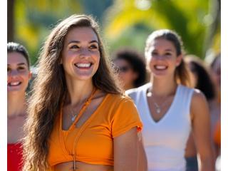 People of diverse ages and backgrounds in Miami engaging in a community wellness event, smiling and connecting.