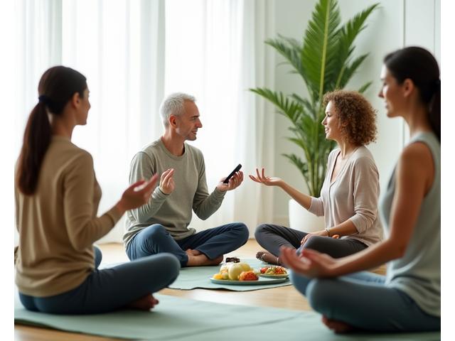 A diverse group of adults aged 35+ engaging in various wellness activities like yoga, healthy eating, and meditation, connected digitally, embodying personalized health and technology integration for wellness.