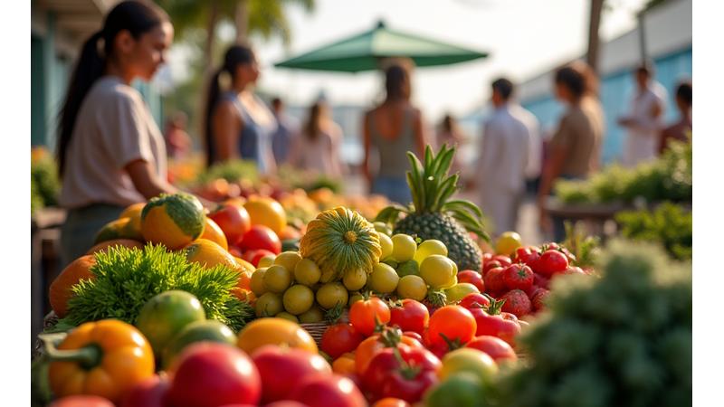 Vibrant display of fresh, tropical fruits and vegetables at a Miami farmer's market, with diverse shoppers.