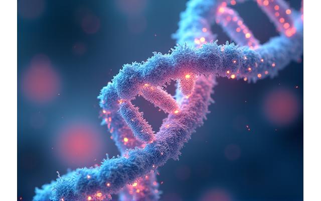 Abstract illustration of a DNA helix intertwined with vibrant microbiome cultures, representing genetic and microbiome impact on nutrition.