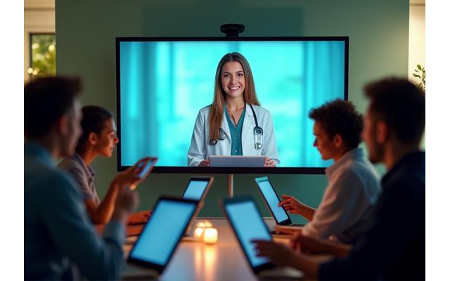 A diverse group of people online participating in a live Q&A session with a health expert on screen