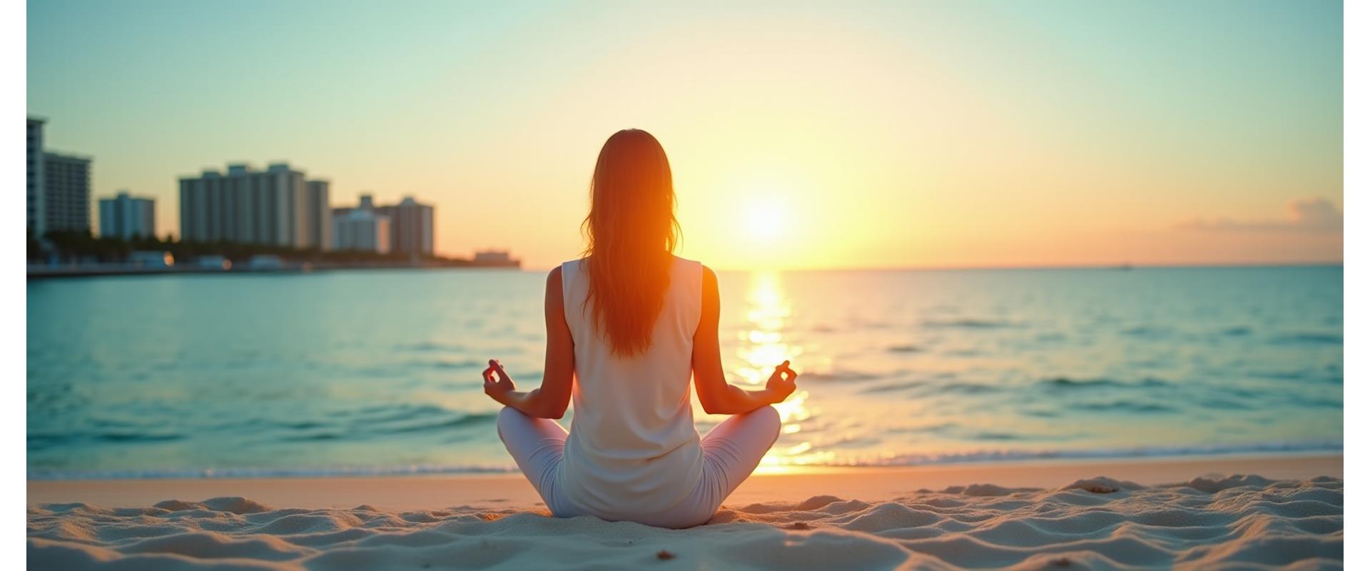 Sophisticated Miami professional meditating by ocean at sunrise, with subtle digital wellness interface overlay
