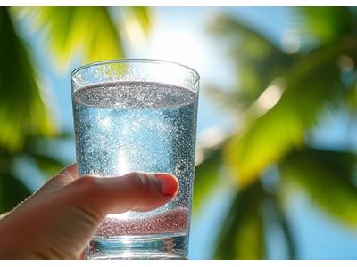 Person drinking water by a palm tree in sunny Miami