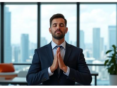 Calm professional practicing breathing exercise in modern Miami office