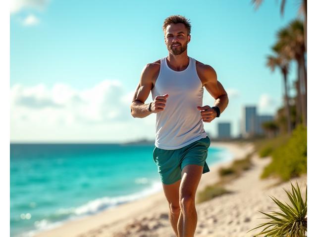 Man jogging outdoors along Miami Beach with a fitness tracker