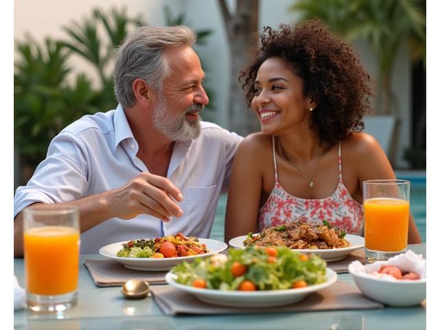 Couple enjoying a healthy, brightly colored meal outdoors
