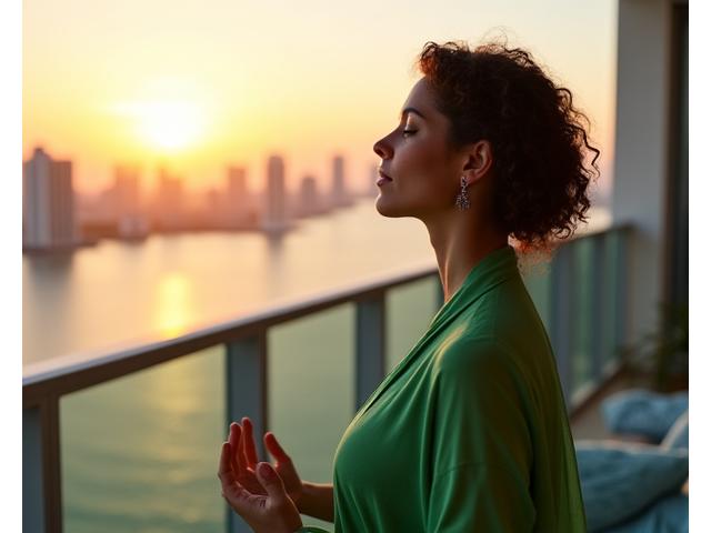Person performing a mindful morning routine on a Miami balcony
