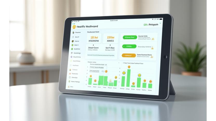 Digital dashboard showing health progress with charts and badges