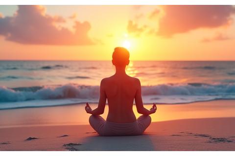 Person meditating peacefully on a tranquil Miami beach at sunrise.