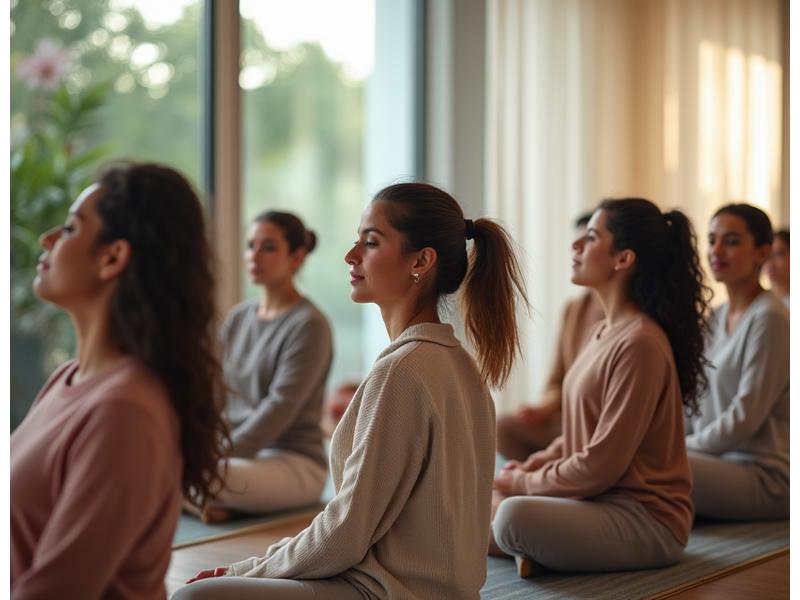 Diverse group of Miami professionals meditating together in a modern, light-filled space.