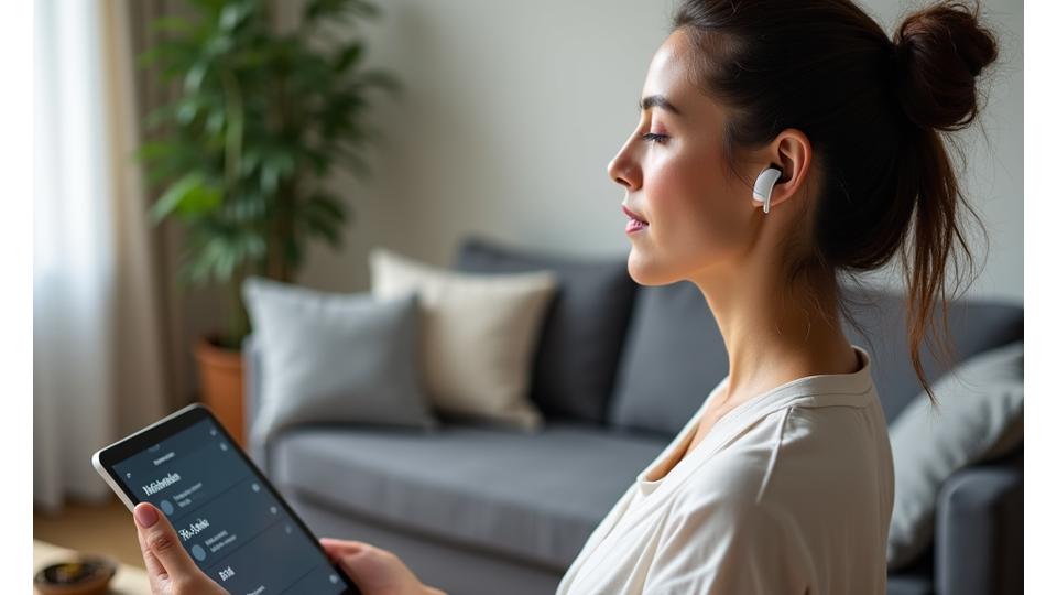 Woman meditating calmly with headphones, digital interface showing meditation tracks and progress.