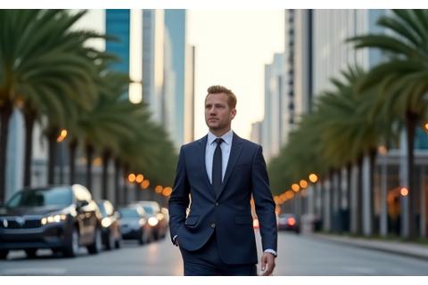 Person calmly walking amidst downtown Miami's vibrant cityscape, practicing urban mindfulness.