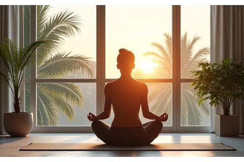 Person practicing gentle yoga indoors with large windows showing a warm, humid Miami day.