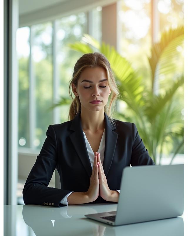 Business professional meditating subtly at a modern office desk, laptop open but mind focused inward.