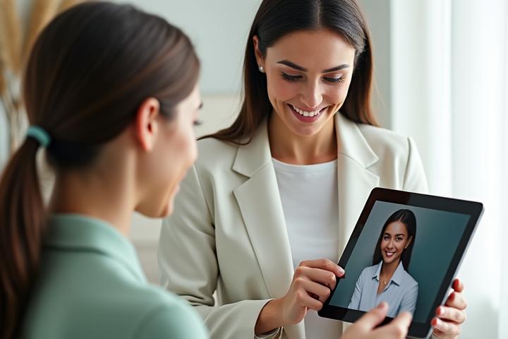 A certified wellness expert engaging in a personalized, thoughtful consultation session with a client, digitally on a tablet, showcasing deep focus and professional guidance.