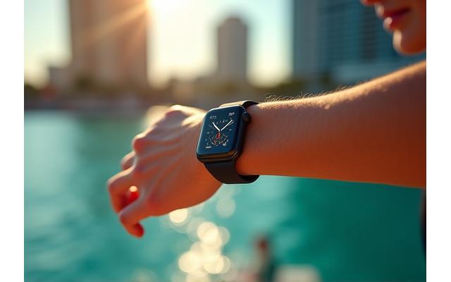 Advanced fitness tracker on a sophisticated user's wrist charting progress amidst a vibrant backdrop of Miami's bay area.