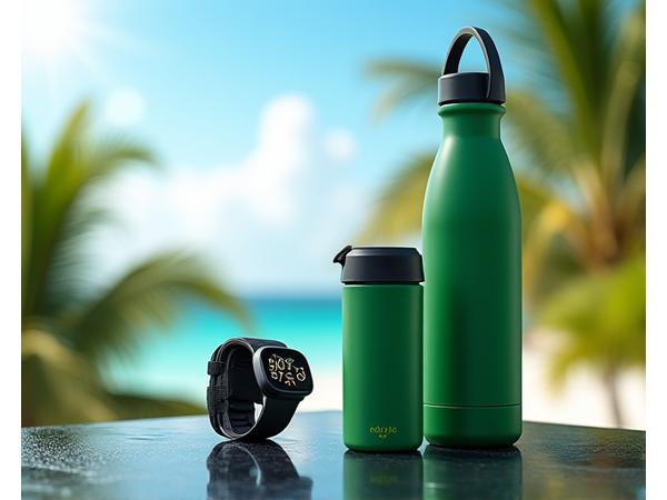 High-performance outdoor fitness watch and water bottle, specifically designed to withstand Miami's heat and humidity, set against a vibrant South Florida landscape.