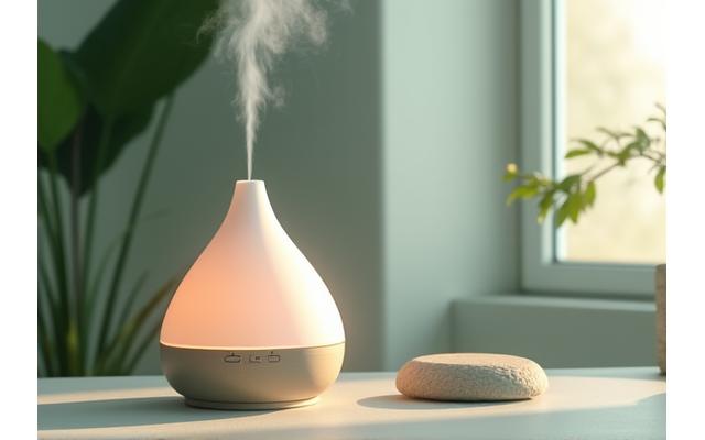 A person meditating serenely with modern, elegant mindfulness tools like aromatherapy diffuser and a smooth, natural stone sculpture.