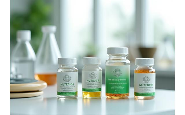 Premium nutrition supplements with organic ingredients shown with scientific testing equipment in a clean lab setting.