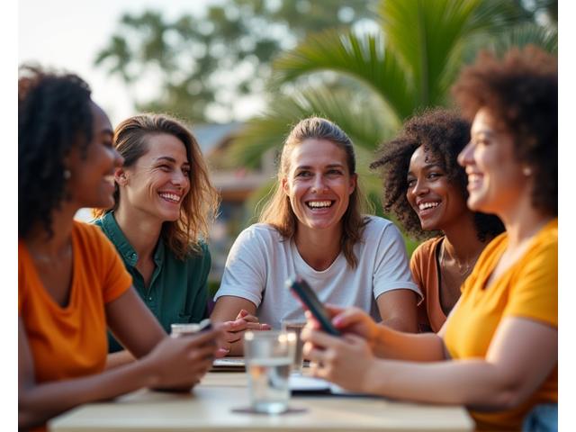Diverse group of people smiling and interacting playfully in a vibrant, modern outdoor community space, depicting lively discussions and shared experiences.