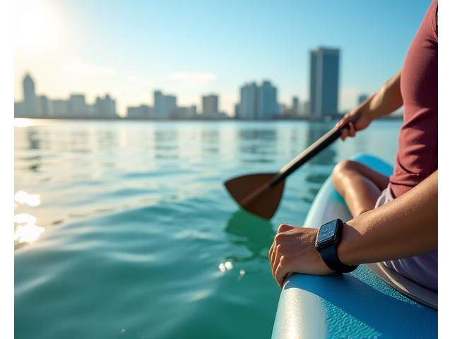 A person paddleboarding on calm waters near the Miami skyline, with a waterproof wearable device visible on their wrist.