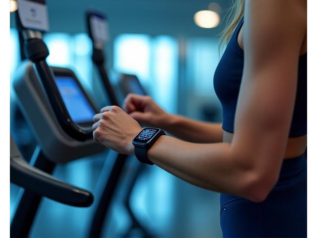 A person using a high-tech gym machine, with a wearable device seamlessly integrated and displaying workout metrics.