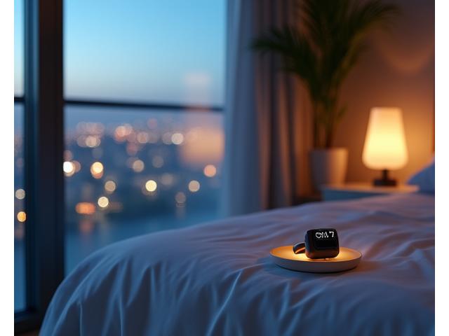 A serene bedroom scene in a modern Miami apartment, with ambient lighting and a wearable device on a bedside table tracking sleep.